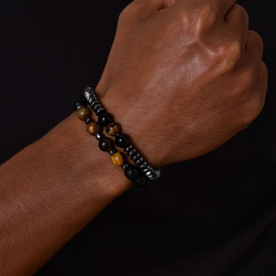 Ανδρικά 8mm Tiger Eye Stone Beaded and Stars Leather Stacking βραχιόλια για τον γιο μπαμπά Σύζυγο παππού Boyfriend BFF, Δωρεάν δωροκάρτα