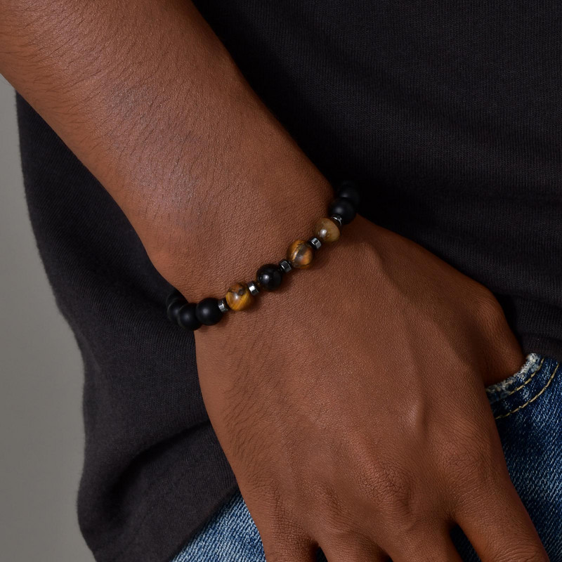 Ανδρικά 8mm Tiger Eye Stone Beaded and Stars Leather Stacking βραχιόλια για τον γιο μπαμπά Σύζυγο παππού Boyfriend BFF, Δωρεάν δωροκάρτα