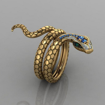 Чар Златен пръстен със змия Инкрустиран със син кристал пръстен със змия за мъже и жени Модни благородни бижута Подаръци Drop Shipping