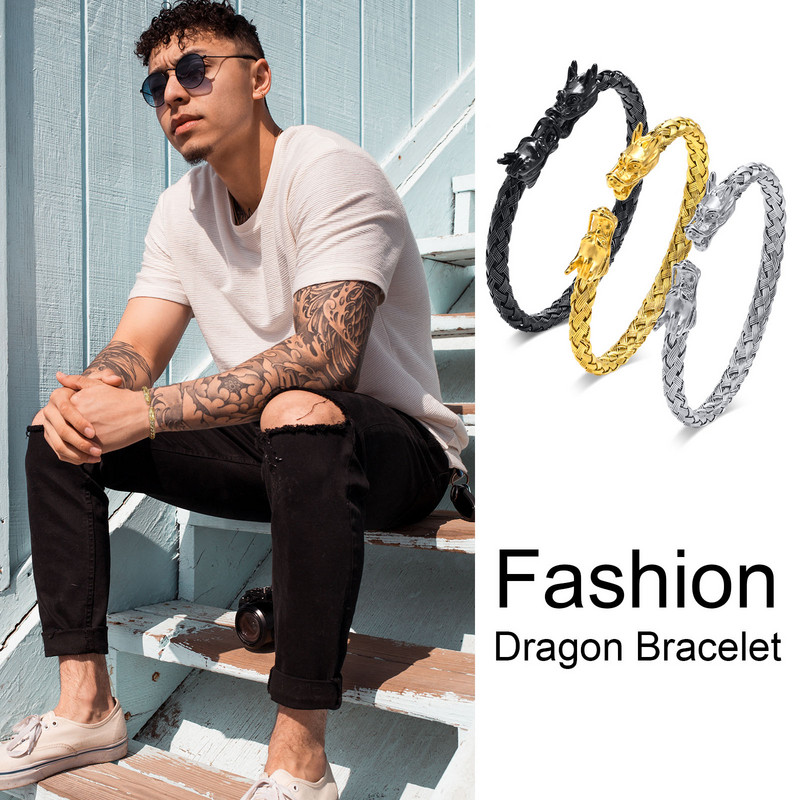 Βραχιόλι Dragon Head, Ανδρικά βραχιόλια, Βραχιόλι με ύφανση από ανοξείδωτο ατσάλι, Βραχιόλι με στοίβαξη