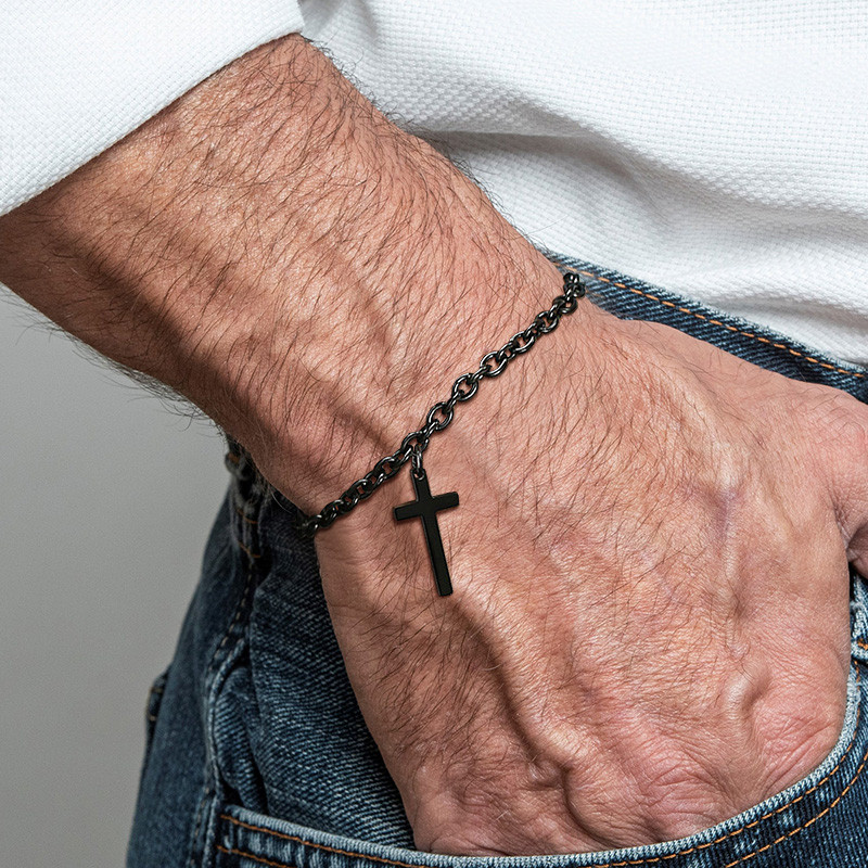 Férfi vallásos kereszt keresztény karkötő, vízálló rozsdamentes acél lánc csuklópánt ajándék