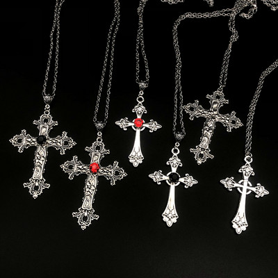 Large Detailed Cross Drill Pendant Jewel Necklace Silver Color Tone Gothic Punk Jewellery Fashion Charm Statement Women Gift(Red