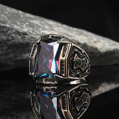 Retro kézzel készített iszlám férfi gyűrű Vintage török dupla kard sárga piros CZ Stone Ring punk 2022 divatos vallási muszlim ékszerek