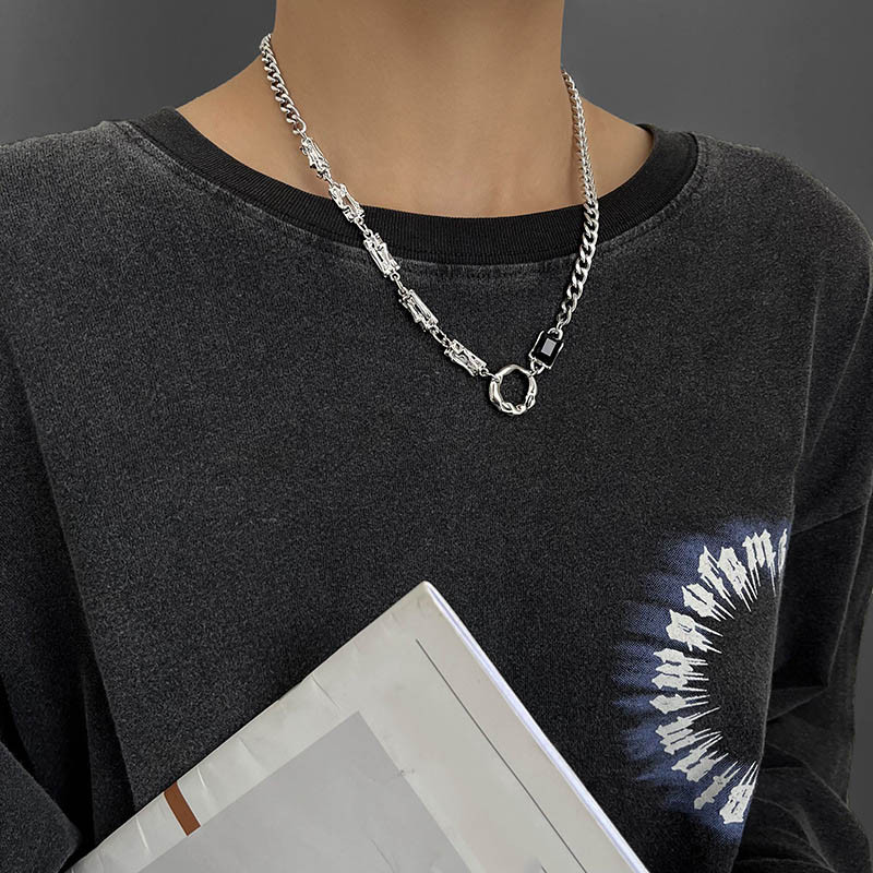 Vieglas greznas titāna tērauda ķēdes Kpop neregulāra melna kvadrāta kristāla kaklarota vīriešiem panku stila vīriešu ielas apģērba rotaslietas dāvana