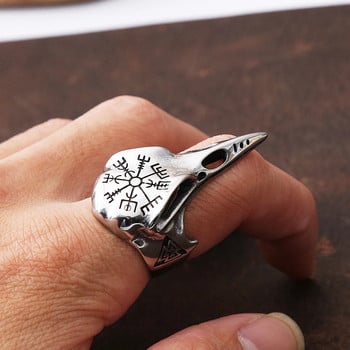 Винтидж череп на врана Мъжки отворен пръстен Готически пръстен с компас от неръждаема стомана Мъжки викингски аксесоар Пръстен Амулет Модел