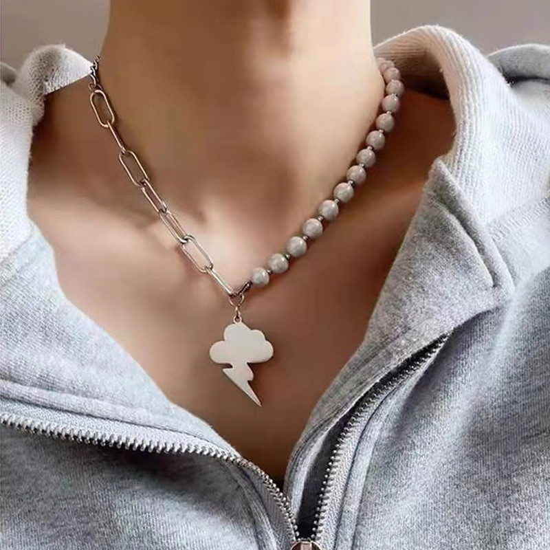Vruća modna ogrlica s privjeskom od nehrđajućeg čelika u obliku munje, muški reflektirajući lanac od bisernih perli, ogrlica, hip-hop nakit, poklon za dječaka