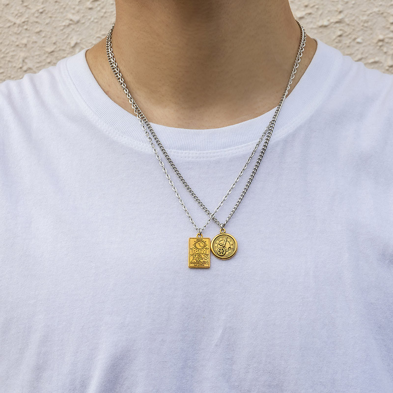 Dupla rétegű arany színű geometrikus medál nyakláncok férfiaknak hip-hop kerek négyzet gravírozású lánc nyilatkozat Boho ékszer ajándék