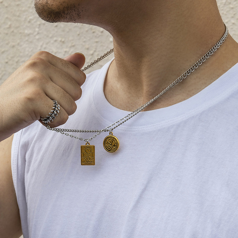 Dupla rétegű arany színű geometrikus medál nyakláncok férfiaknak hip-hop kerek négyzet gravírozású lánc nyilatkozat Boho ékszer ajándék
