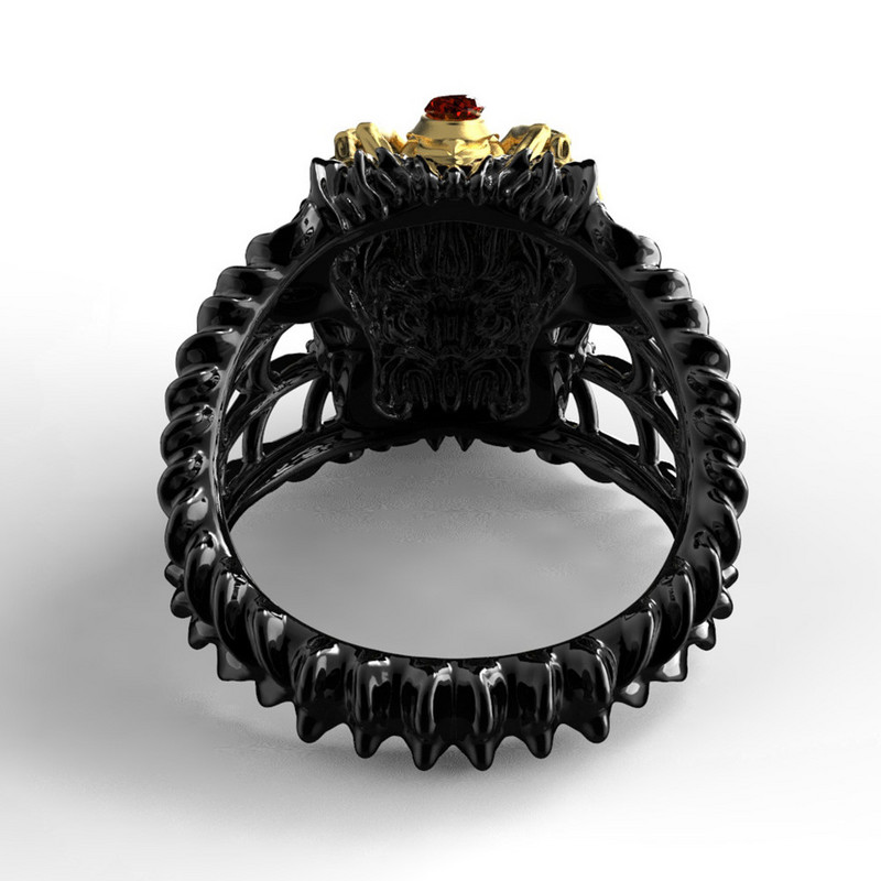 Vintage vīriešu melnā un zelta krāsas divu toņu zirnekļa galvaskausa gredzens ar sarkanu cirkonu gotiskā panka gredzens vīriešiem motociklu bikera rotaslietas