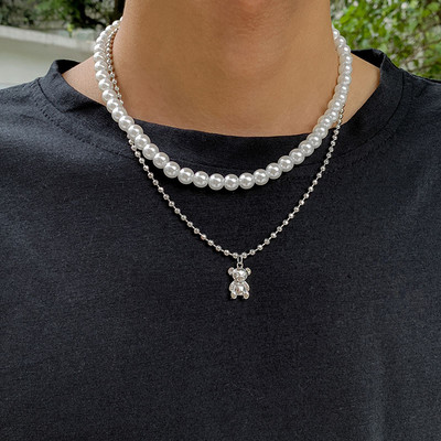 Kreatív dupla rétegű Pearl Bear nyaklánc férfi hip-hop egyszerű kulcscsont lánc varrás Choker fiúknak, remek férfi ékszer ajándék