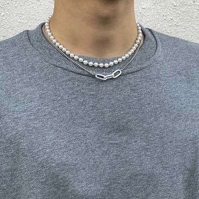 Kreatív dupla rétegű Pearl Bear nyaklánc férfi hip-hop egyszerű kulcscsont lánc varrás Choker fiúknak, remek férfi ékszer ajándék