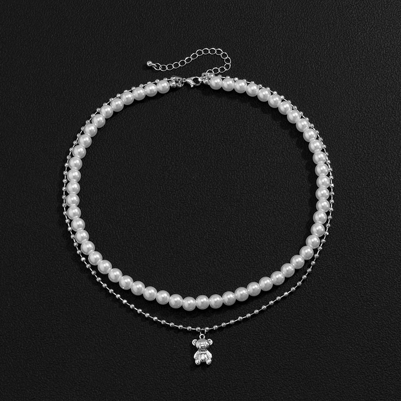 Kreatív dupla rétegű Pearl Bear nyaklánc férfi hip-hop egyszerű kulcscsont lánc varrás Choker fiúknak, remek férfi ékszer ajándék