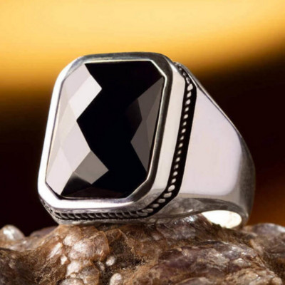 Ретро ръчно изработен пръстен за мъже Винтидж сребърен цвят Черен циркон Пънк пръстени Модерни бижута