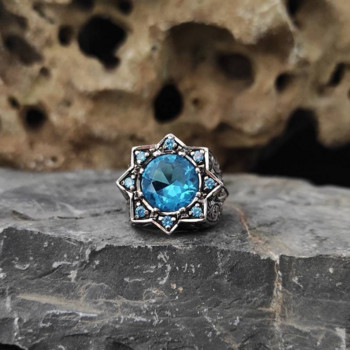Vintage στρογγυλό ένθετο με ανδρικό δαχτυλίδι σε μπλε ζιργκόν θάλασσα ασημί Χρώμα μεταλλικό μοτίβο σκαλίσματος Οθωμανικά δαχτυλίδια κοσμήματα