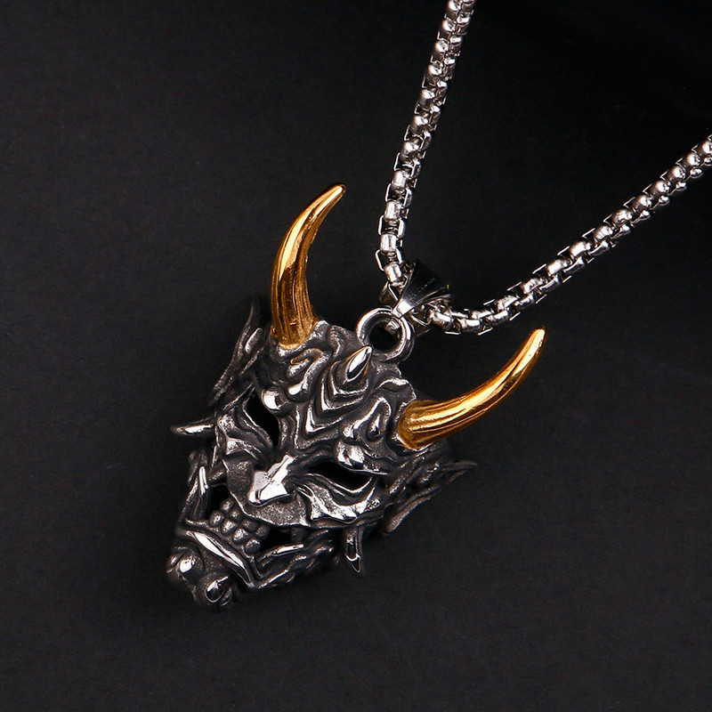 Harajuku Ghost Warrior Mask Retro Hip Hop Golden Horn Prajna κρεμαστό πανκ αλυσίδες από ανοξείδωτο ατσάλι Ανδρικά κοσμήματα γοτθικά αξεσουάρ