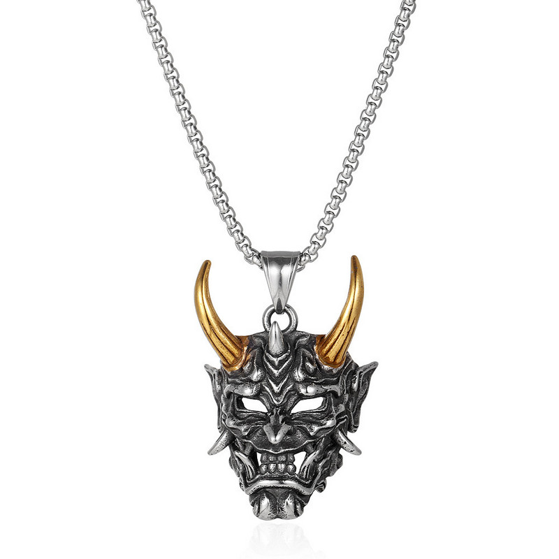 Harajuku Ghost Warrior Mask Retro Hip Hop Golden Horn Prajna κρεμαστό πανκ αλυσίδες από ανοξείδωτο ατσάλι Ανδρικά κοσμήματα γοτθικά αξεσουάρ