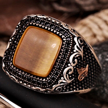 Ретро ръчно изработен турски пръстен за мъже Винтидж двойни мечове Пръстени с жълт циркон Пънк 2022 Модерни ислямски религиозни мюсюлмански бижута