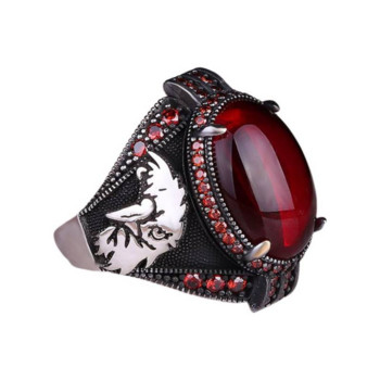 Vintage Χειροποίητο Τουρκικό Δαχτυλίδι Γυναικείο Ασημί Χρώμα Σκαλιστό Δαχτυλίδι Αετού Μαύρο Ζιργκόν με Ένθετο Punk Motor Biker Δαχτυλίδι
