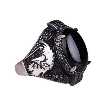 Vintage Χειροποίητο Τουρκικό Δαχτυλίδι Γυναικείο Ασημί Χρώμα Σκαλιστό Δαχτυλίδι Αετού Μαύρο Ζιργκόν με Ένθετο Punk Motor Biker Δαχτυλίδι