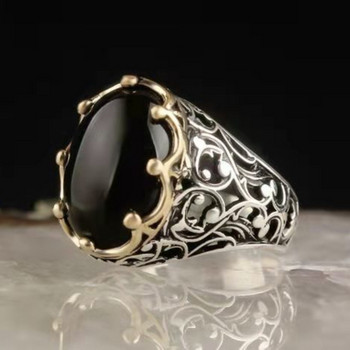 Vintage τουρκικά χειροποίητα δαχτυλίδια ανδρικά πανκ μεταλλικά ασημί Ένθετα μαύρη πέτρα Δαχτυλίδια ποδηλασίας κοσμήματα