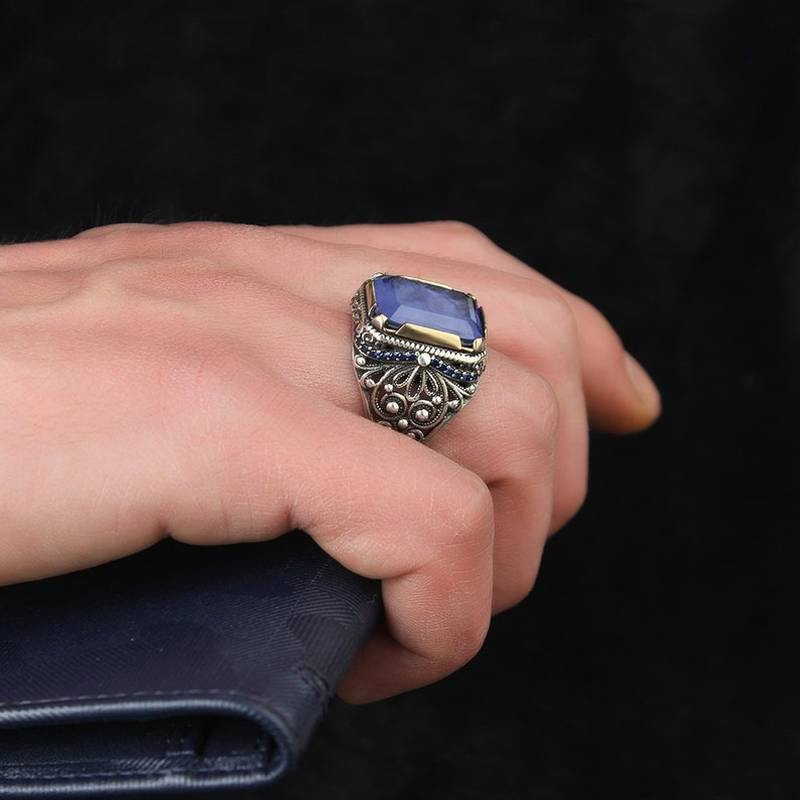 Vintage roku darbs turku zīmogu gredzeni vīriešiem metāla sudraba krāsā, inkrustēts ar zilu cirkonu Party Punk Motor Biker Ring rotaslietas