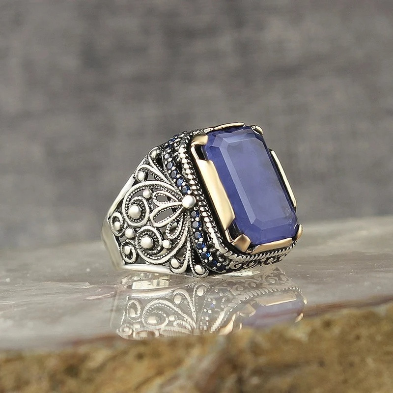 Vintage roku darbs turku zīmogu gredzeni vīriešiem metāla sudraba krāsā, inkrustēts ar zilu cirkonu Party Punk Motor Biker Ring rotaslietas