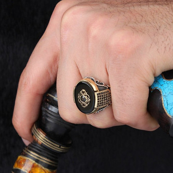 Винтидж ръчно издълбани шарки турски пръстен с печат за мъже готически инкрустиран черен циркон пънк пръстен парти сватбени ретро бижута
