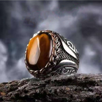 Ретро ръчно изработен турски пръстен с гравиран модел Винтидж черни жълти камъни Пънк пръстени за мъже Сватбено парти Модерни бижута