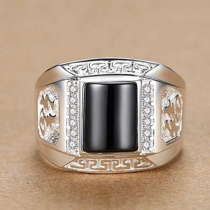 Prstenje od crnog oniksa za muškarce Prošireni poslovni stil Anillos Modni srebrni završeci Nakit Dodaci Darovi za zrele dječake