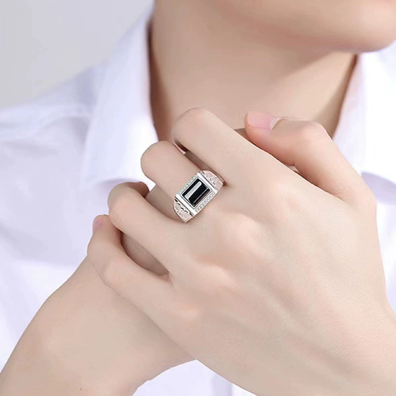 Prstenje od crnog oniksa za muškarce Prošireni poslovni stil Anillos Modni srebrni završeci Nakit Dodaci Darovi za zrele dječake