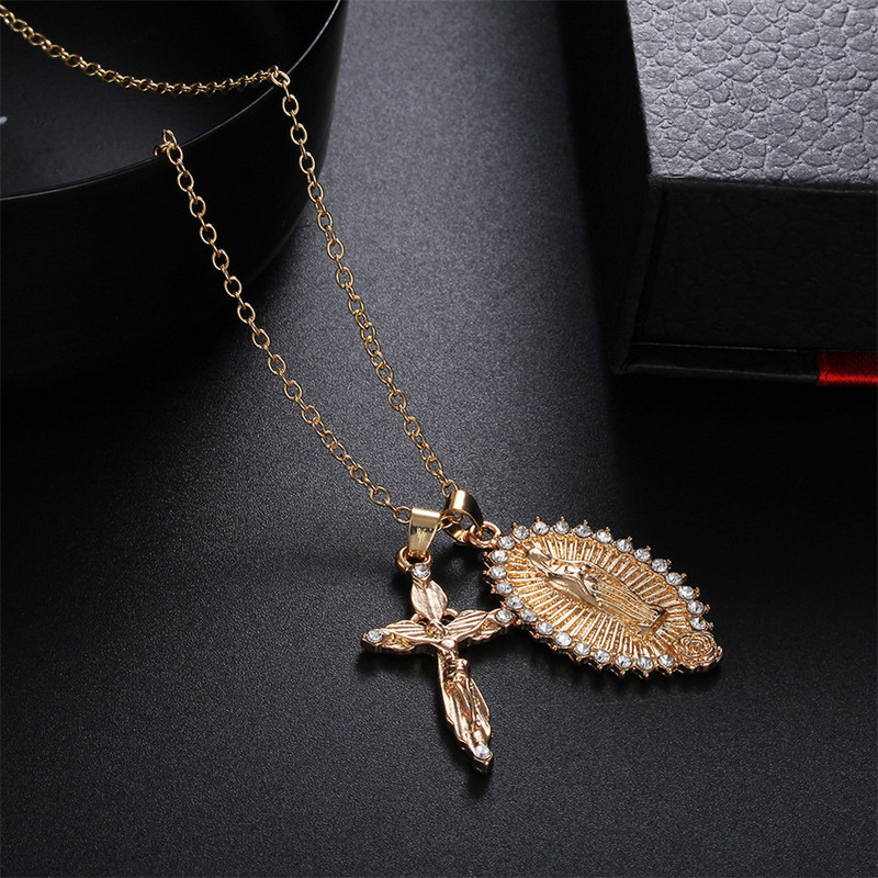 Неръждаема стомана Религиозен Исус Кръст Колие Висулка За Мъже Жени Католицизъм Дева Мария Кръст Висулка Бижута Подарък Разпятие