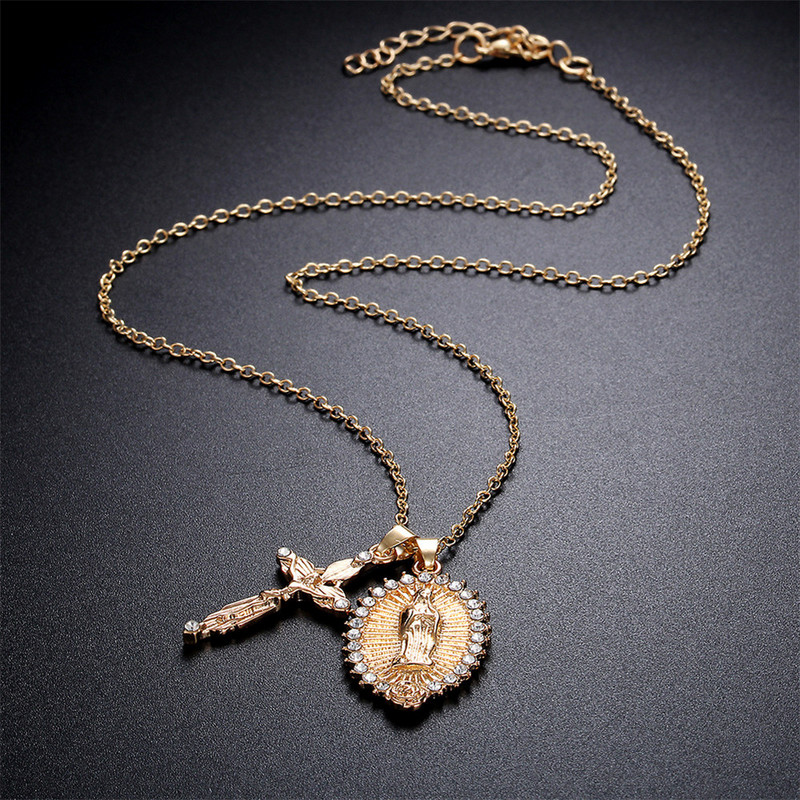 Неръждаема стомана Религиозен Исус Кръст Колие Висулка За Мъже Жени Католицизъм Дева Мария Кръст Висулка Бижута Подарък Разпятие