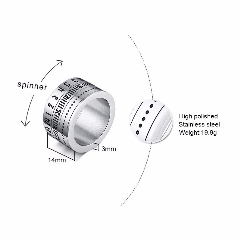 14 MM platūs vyriški arabiški skaitmenys, laiko suktuko žiedai iš nerūdijančio plieno, besisukantys 3 dalių rodyklės piršto žiedas, nerimą skatinantis