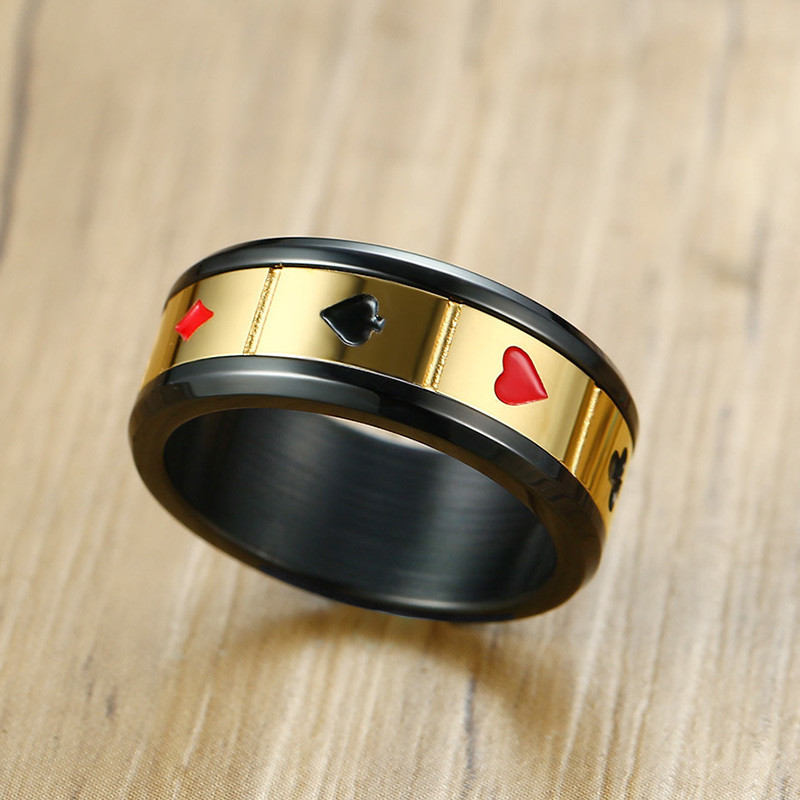 8 mm vērpējs nerūsējošā tērauda vērpšanas gredzens, melns krāsa Lucky spēļu kāršu pokers vīriešiem aksesuāri trauksmes gredzeni