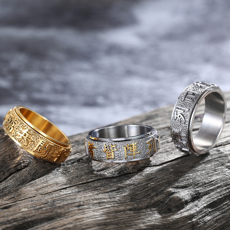 Vīriešu sieviešu ķīniešu mantra Om Mani Padme Hum 8 MM nerūsējošā tērauda vērpšanas gredzens trauksmes gredzeni