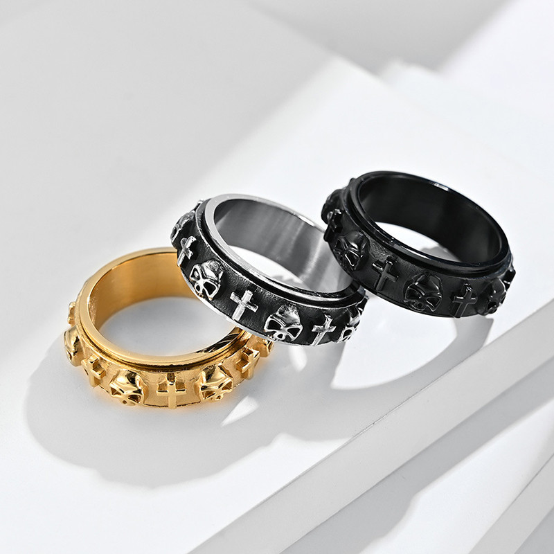 Forgatható Forgó szorongásos Fidget Rings Homme Titán acél gyűrű férfiaknak Skeleton Cross Punk Spinning Spinner Ring Tartozékok