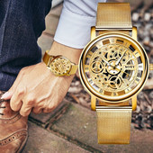 Vyriški madingi tuščiaviduriai laikrodžiai Vyriškas verslo laikrodis Vyriškas nerūdijančio plieno tinklelio diržo skeletas kvarcinis rankinis laikrodis relogio masculino