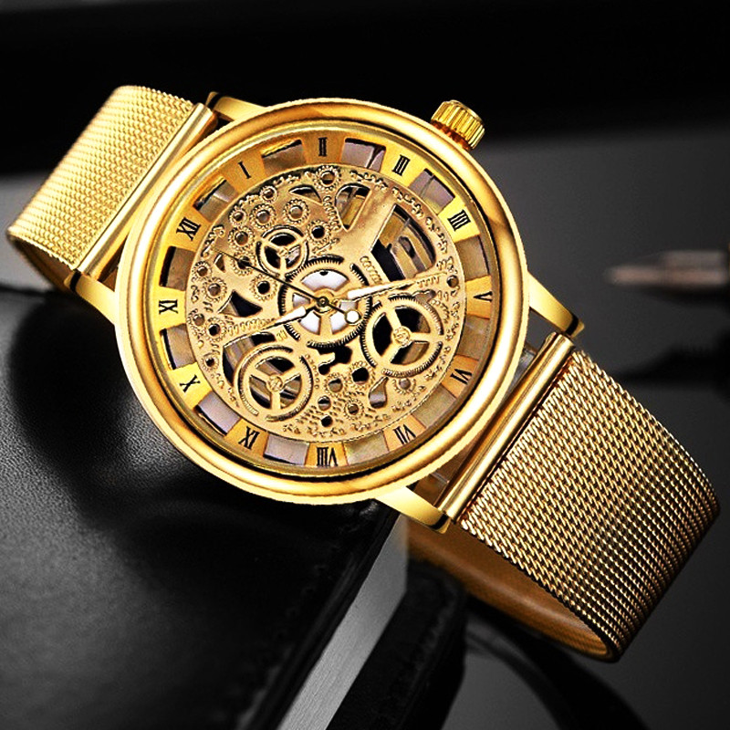 Vyriški madingi tuščiaviduriai laikrodžiai Vyriškas verslo laikrodis Vyriškas nerūdijančio plieno tinklelio diržo skeletas kvarcinis rankinis laikrodis relogio masculino
