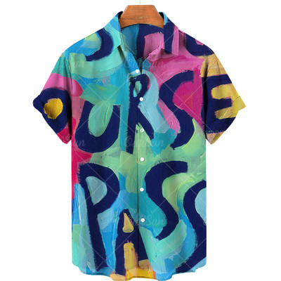 3D Harajuku Graffiti Aliejiniai piešiniai Spausdinti marškinėliai Vyriški madingi gatvės drabužiai Havajietiški marškiniai Vyriški paplūdimio laisvalaikio atvartas Didelis 2022 m. dydis
