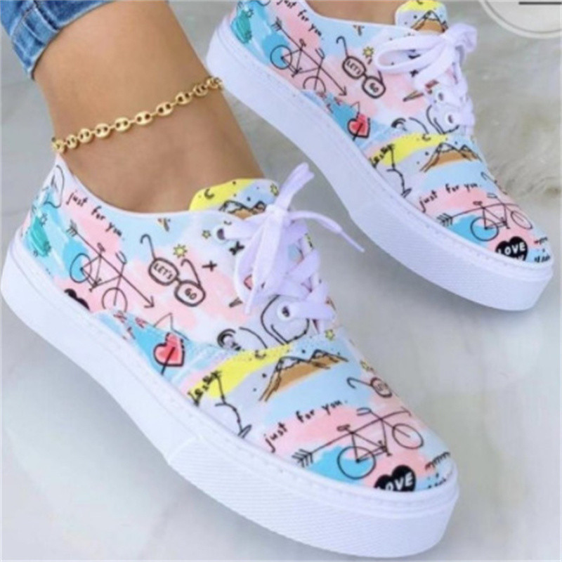 Sieviešu ikdienas apavi Pavasara sieviešu apavi ar šņorētiem apaviem Apdrukas modes kanvas kedas Vieglas 43. izmēra vulkanizētas staigāšanas apavi