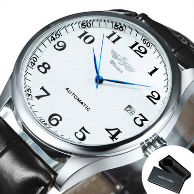 Mood Äri Automaatne mehaaniline käekell Meeste Aeg Master Nahast Rihm Valge Sihverplaat Kalender Kuupäev montre homme VÕITJA Klassikaline