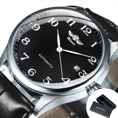 Mood Äri Automaatne mehaaniline käekell Meeste Aeg Master Nahast Rihm Valge Sihverplaat Kalender Kuupäev montre homme VÕITJA Klassikaline