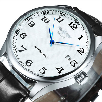 Mood Äri Automaatne mehaaniline käekell Meeste Aeg Master Nahast Rihm Valge Sihverplaat Kalender Kuupäev montre homme VÕITJA Klassikaline