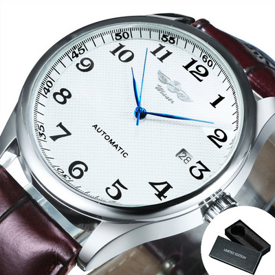 Mood Äri Automaatne mehaaniline käekell Meeste Aeg Master Nahast Rihm Valge Sihverplaat Kalender Kuupäev montre homme VÕITJA Klassikaline