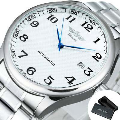 Mood Äri Automaatne mehaaniline käekell Meeste Aeg Master Nahast Rihm Valge Sihverplaat Kalender Kuupäev montre homme VÕITJA Klassikaline