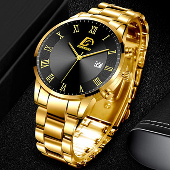 Модни мъжки златни часовници от неръждаема стомана Луксозен минималистичен кварцов ръчен часовник Мъжки бизнес ежедневни часовници