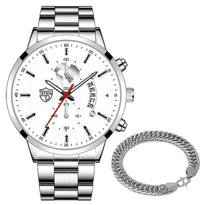 Luxus divatos férfi kvarc órák rozsdamentes acél naptár karkötő szett üzleti bőr karóra férfiaknak relogio masculino