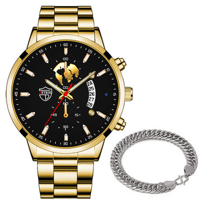 Luxus divatos férfi kvarc órák rozsdamentes acél naptár karkötő szett üzleti bőr karóra férfiaknak relogio masculino