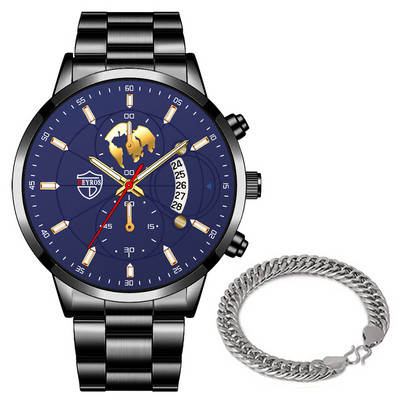 Luxus divatos férfi kvarc órák rozsdamentes acél naptár karkötő szett üzleti bőr karóra férfiaknak relogio masculino