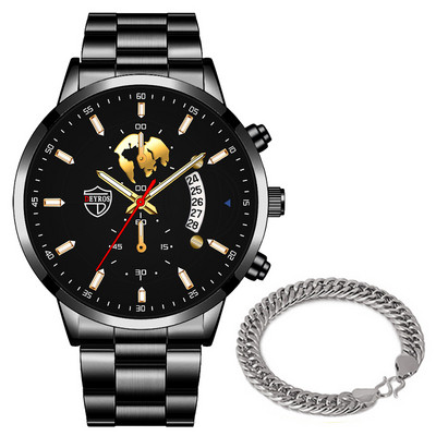 Luxus divatos férfi kvarc órák rozsdamentes acél naptár karkötő szett üzleti bőr karóra férfiaknak relogio masculino